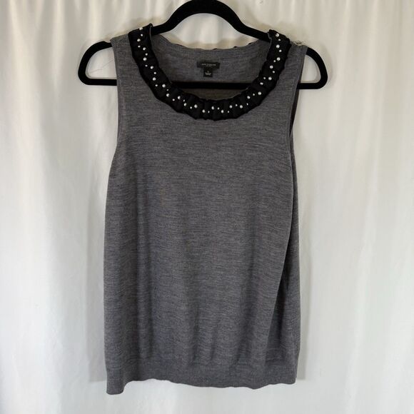 Ann Taylor Merino Wool Blouse Women's Large Grey Extra Fine Sleeveless Beaded - Picture 1 of 9